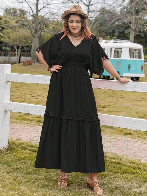 Plus Size Tassel Trim V-Neck Short Sleeve Ruffle Hem Dress - Clothes For Her Online Store