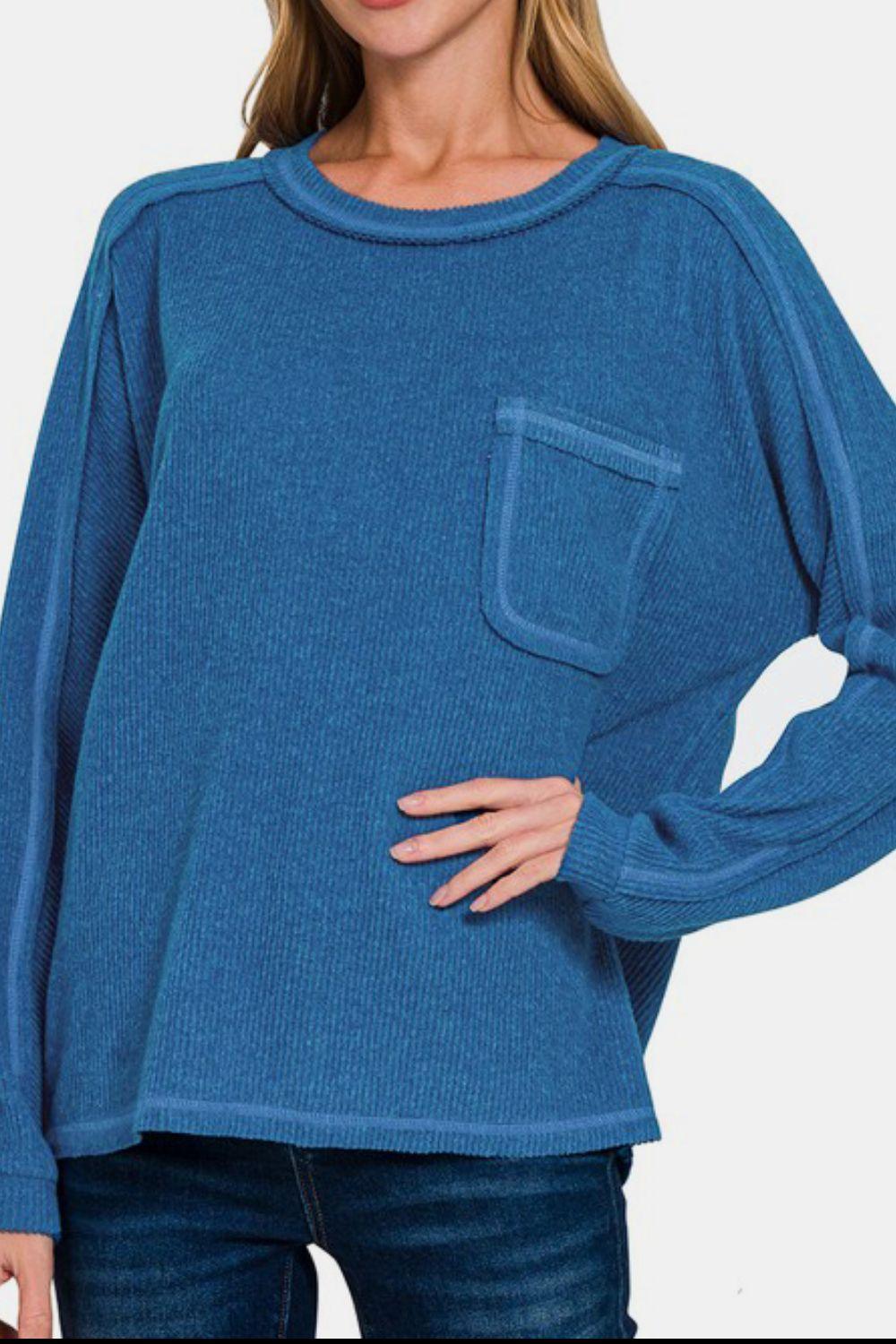 Zenana Full Size Contrast Stitching Brushed Ribbed Hacci Knit Top Plus Size - Clothes For Her Online Store