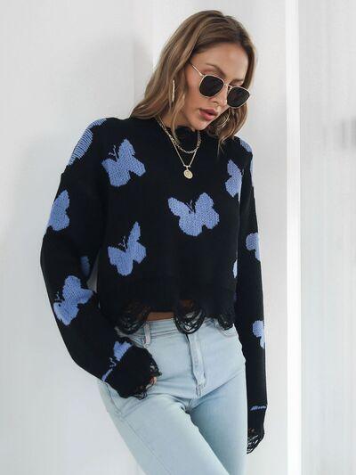 Distressed Butterfly Cropped Sweater - Clothes For Her Online Store