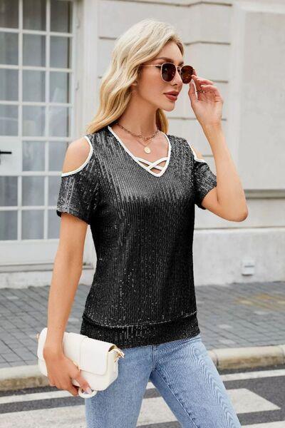 Sequin Crisscross V-Neck Cold Shoulder Blouse - Clothes For Her Online Store