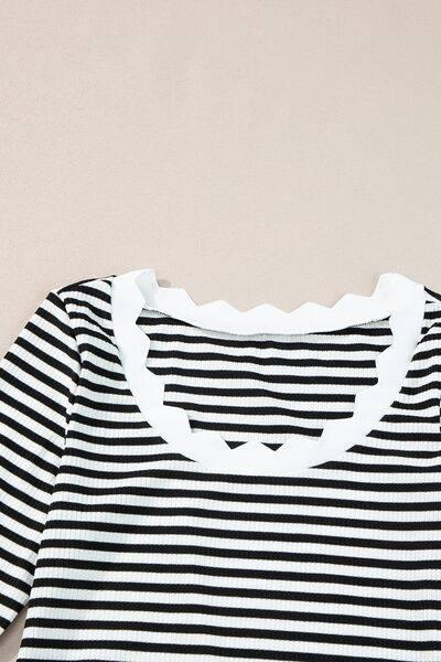 Striped Contrast Scallop Trim Half Sleeve T-shirt - Clothes For Her Online Store