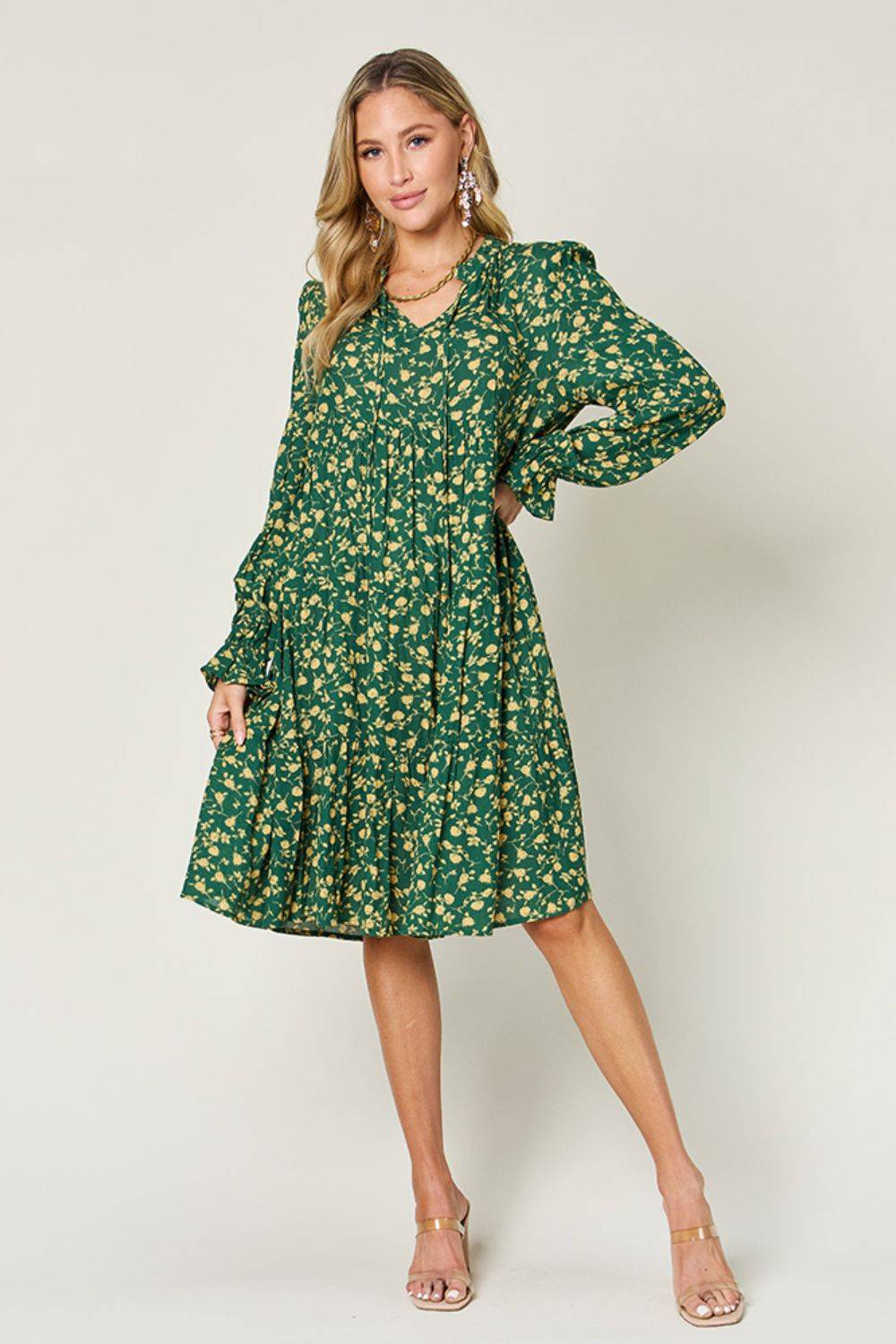 Double Take Full Size Printed Ruffle Hem Long Sleeve Tiered Dress - Clothes For Her Online Store