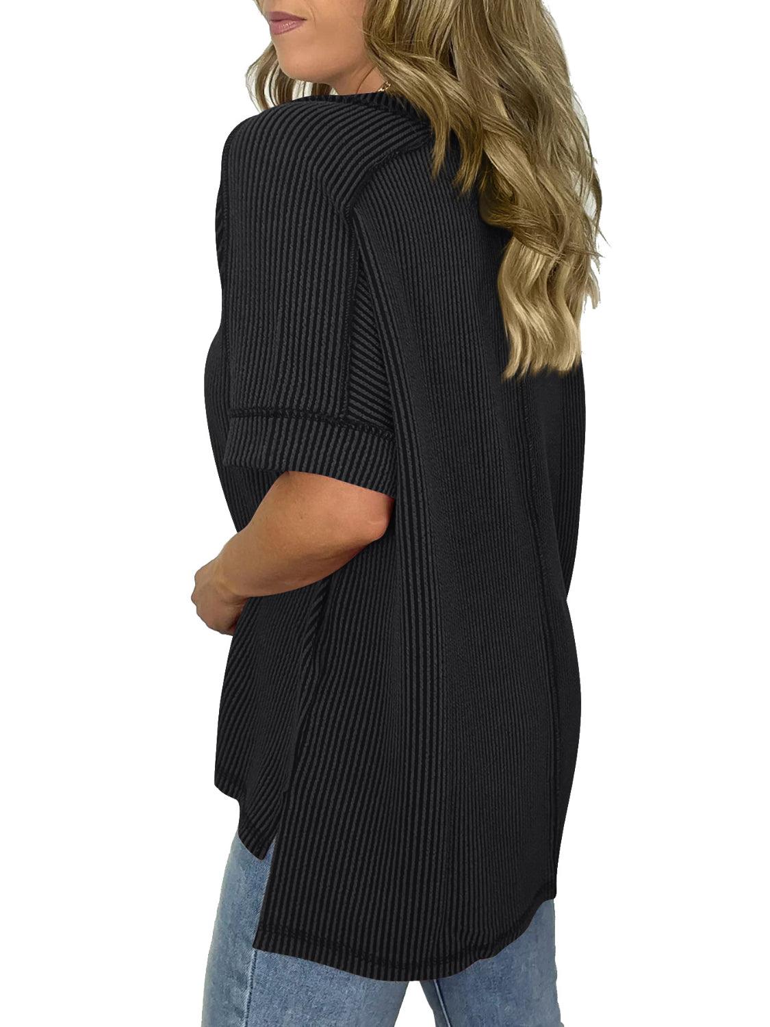 Cord Ribbed V-Neck Short Sleeve T-Shirt - Clothes For Her Online Store