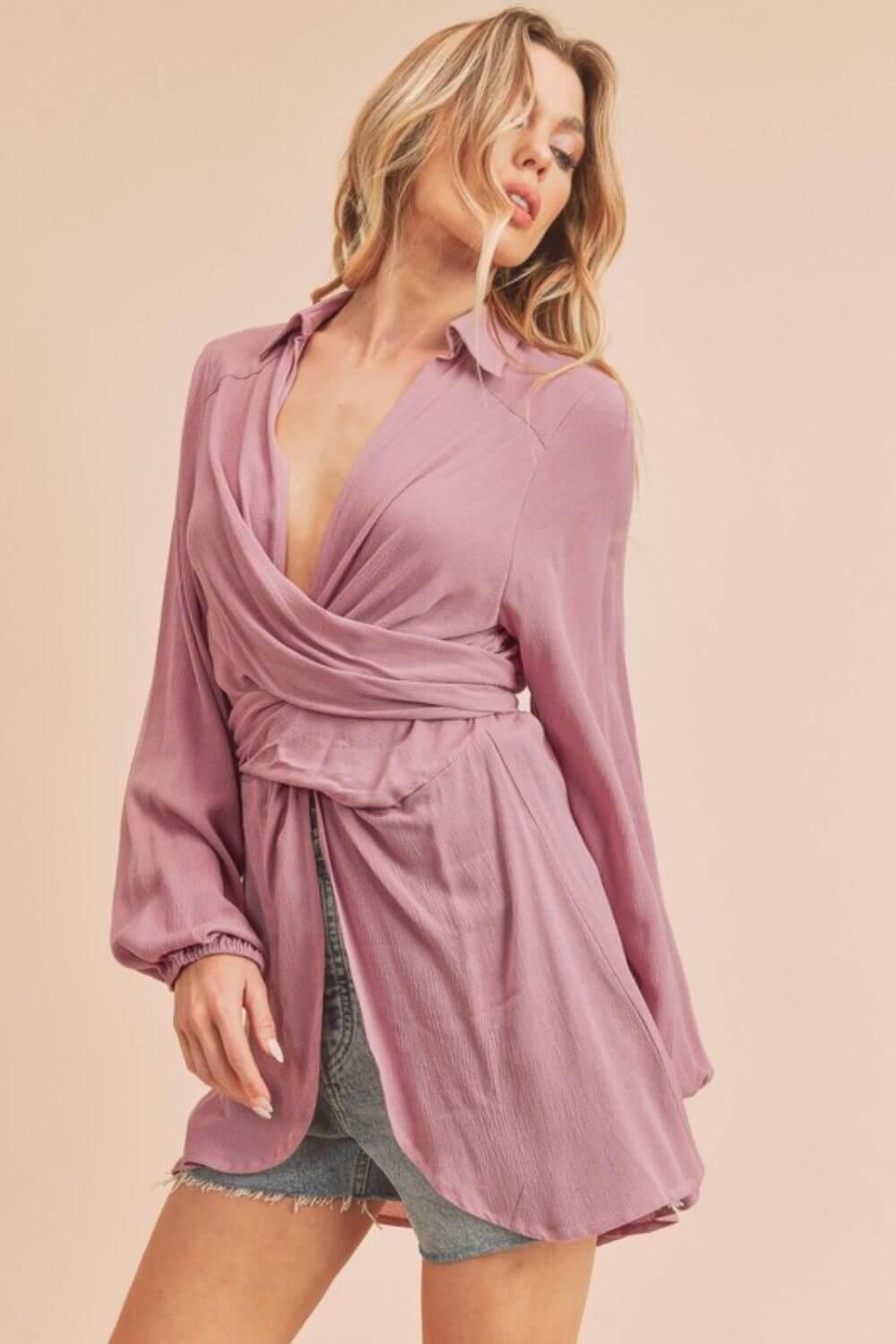 Aemi + Co Tied Collared Neck Long Sleeve Top - Clothes For Her Online Store