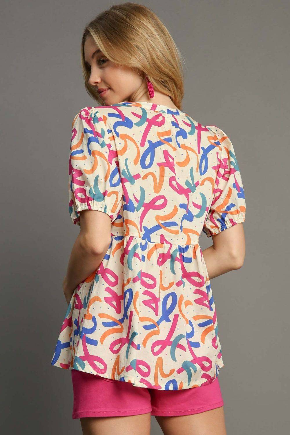 Umgee Full Size Mixed Print Puff Sleeve Babydoll Blouse Plus Size - Clothes For Her Online Store