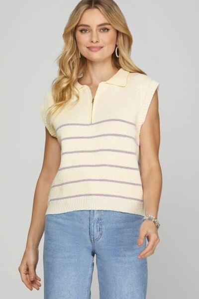 She + Sky Ribbed Hem Striped Half Zip Sweater Vest - Clothes For Her Online Store