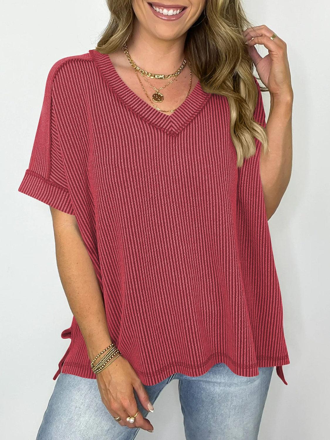 Cord Ribbed V-Neck Short Sleeve T-Shirt - Clothes For Her Online Store