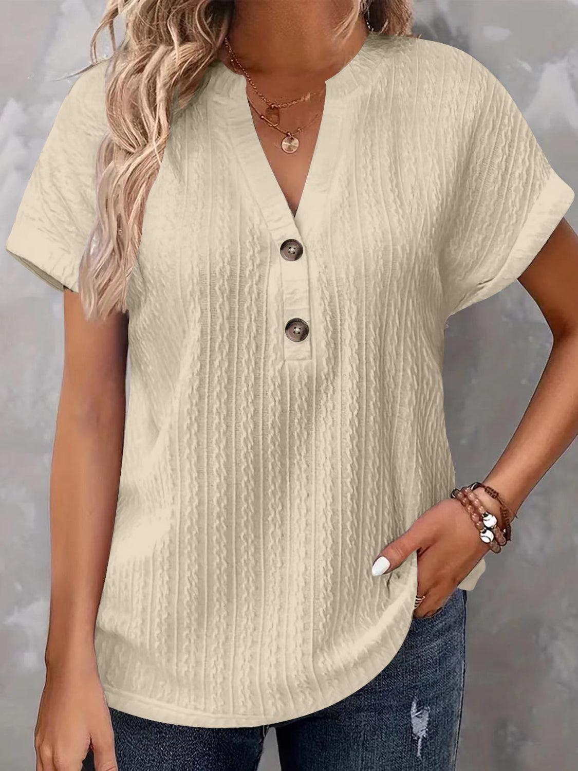 Textured Notched Short Sleeve Top - Clothes For Her Online Store