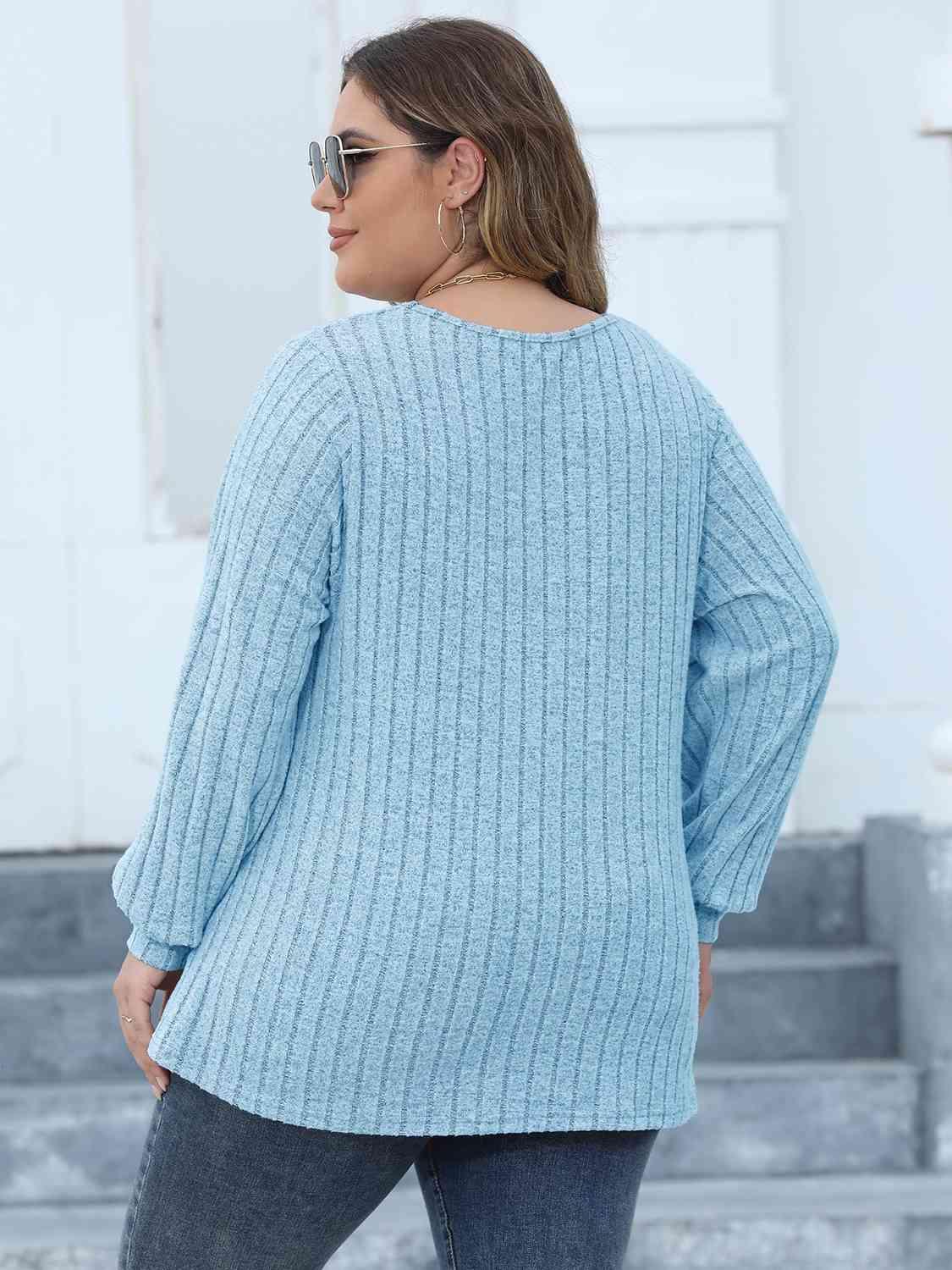 Plus Size Ribbed V-Neck Long Sleeve Top - Clothes For Her Online Store