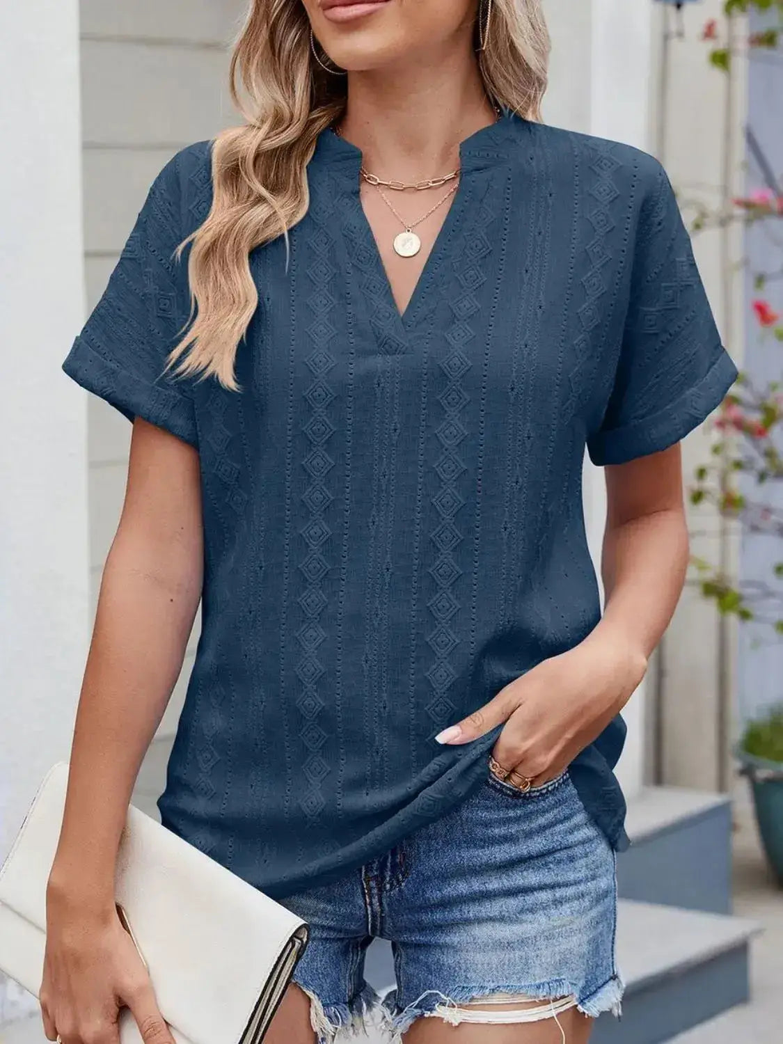 Eyelet Notched Short Sleeve Top - Clothes For Her Online Store