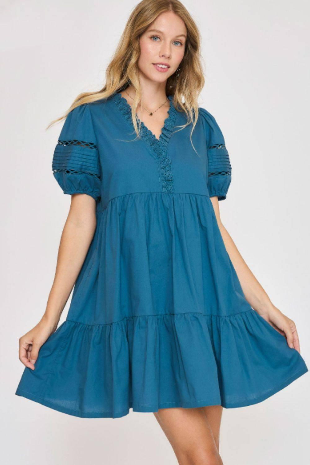 Umgee USA Full Size Lace Detail Puff Sleeve Mini Dress Plus Size - Clothes For Her Online Store
