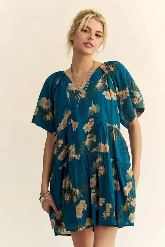 Davi & Dani Floral Print Short Bell Sleeve Pleated Mini Dress - Clothes For Her Online Store