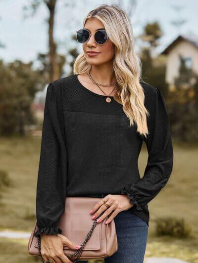 Round Neck Flounce Sleeve Top - Clothes For Her Online Store