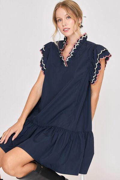 Umgee Full Size Ruffled Scalloped Sleeved Dress Plus Size - Clothes For Her Online Store