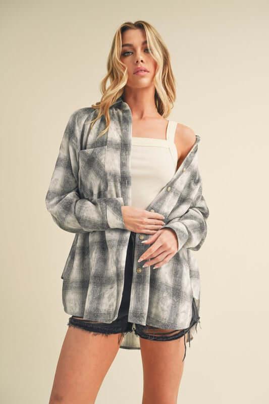 Aemi + Co Washed Plaid Flannel Side Step Hem Shirt - Clothes For Her Online Store