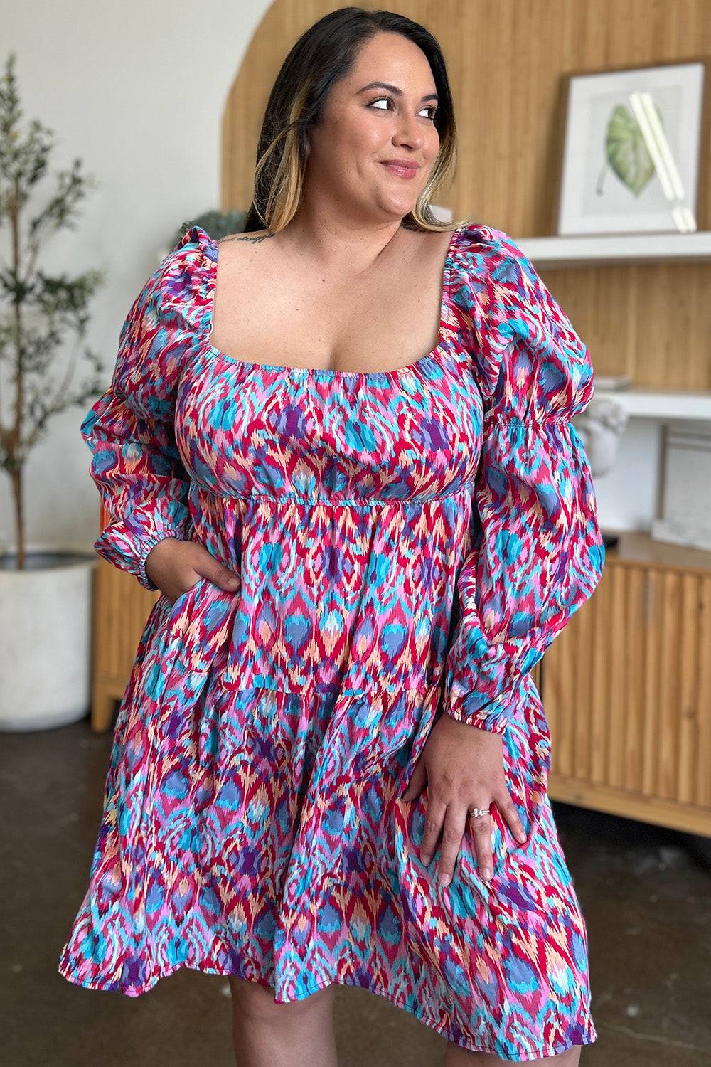 Double Take Full Size Printed Long Sleeve Dress - Clothes For Her Online Store