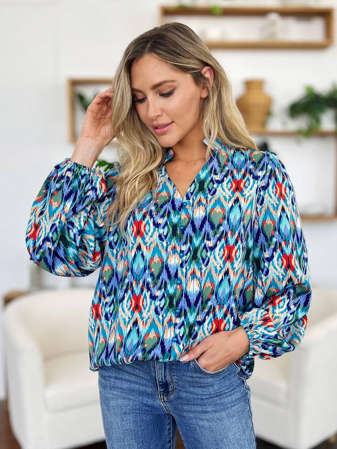 Double Take Full Size Printed Balloon Sleeve Blouse - Clothes For Her Online Store