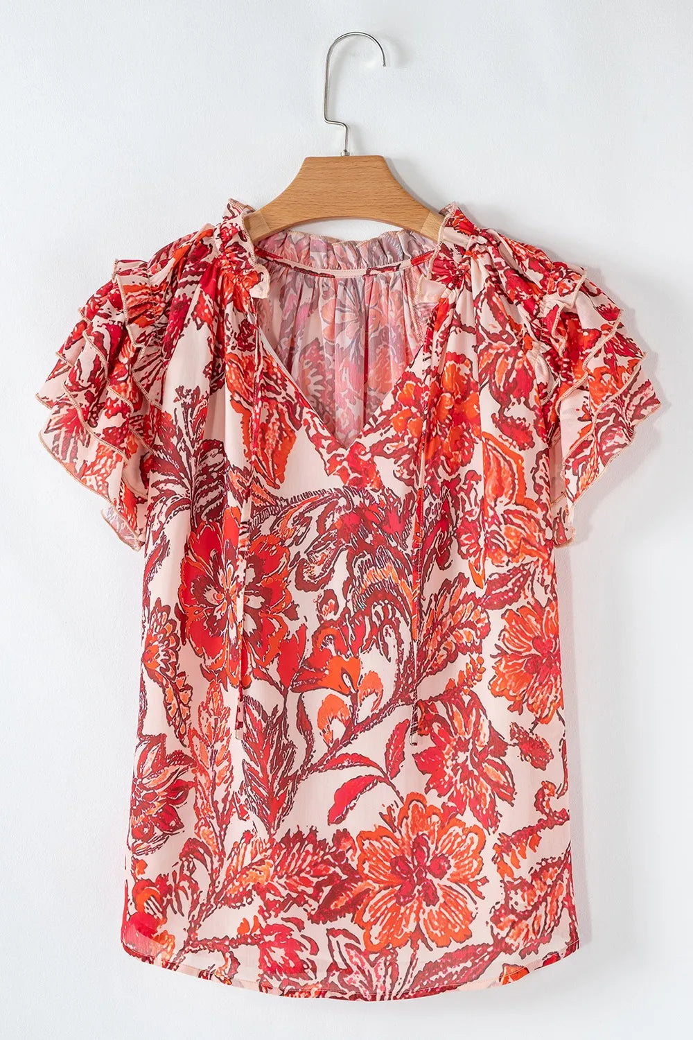 Vintage Floral Ruffle Sleeve V Neck Blouse