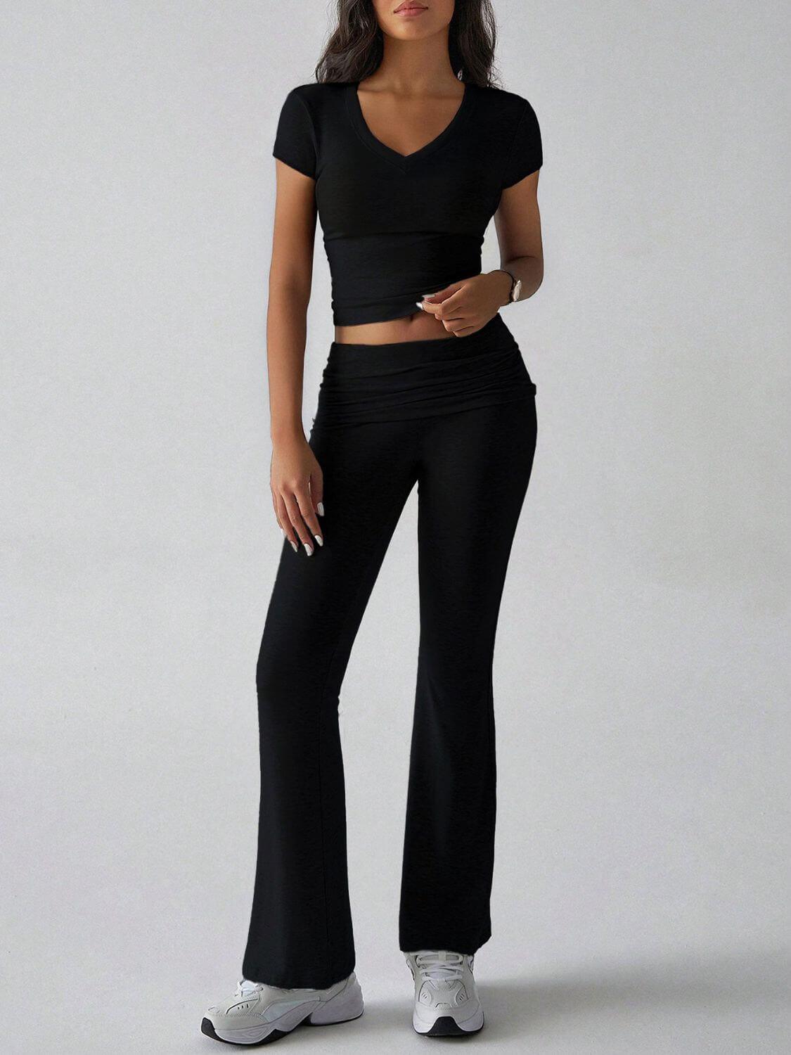 Devine V-Neck Top and Bootcut Leggings Set - Clothes For Her Online Store