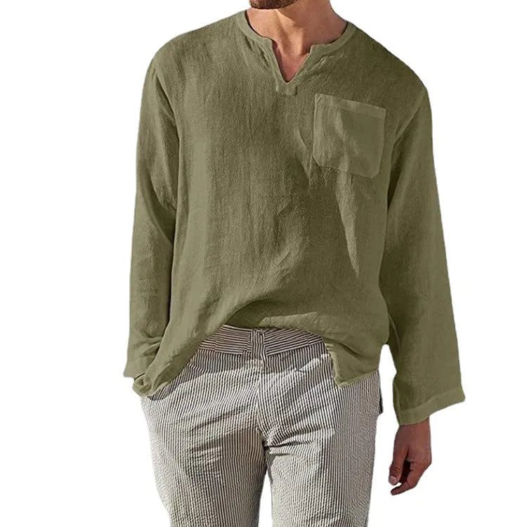 Men's Full Size Casual Notched Linen Long Sleeve Top Plus Size