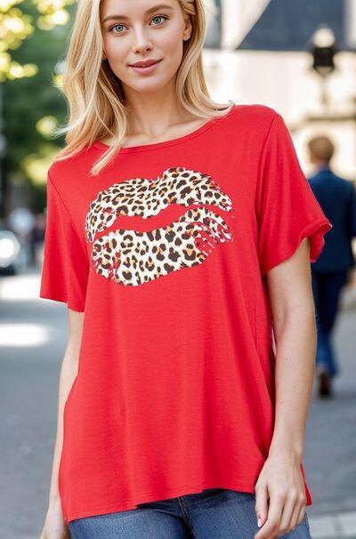 Heimish Full Size Leopard Lip Round Neck Short Sleeve T-Shirt Plus Size - Clothes For Her Online Store