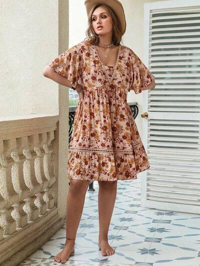 Plus Size Floral Crochet Flutter Sleeve Dress - Clothes For Her Online Store