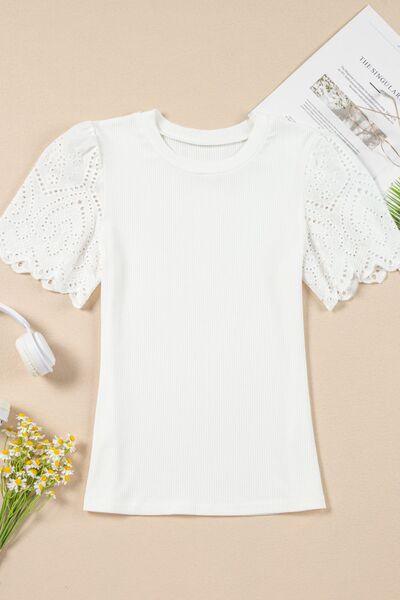 Eyelet Short Sleeve Patchwork Ribbed Top - Clothes For Her Online Store