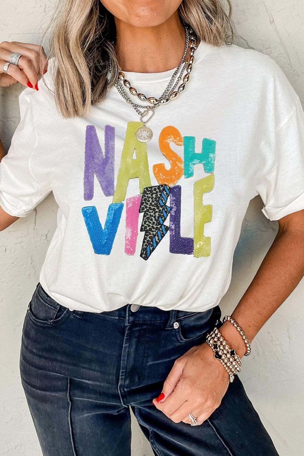 Lightening NASHVILLE Sequin Round Neck T-Shirt - Clothes For Her Online Store