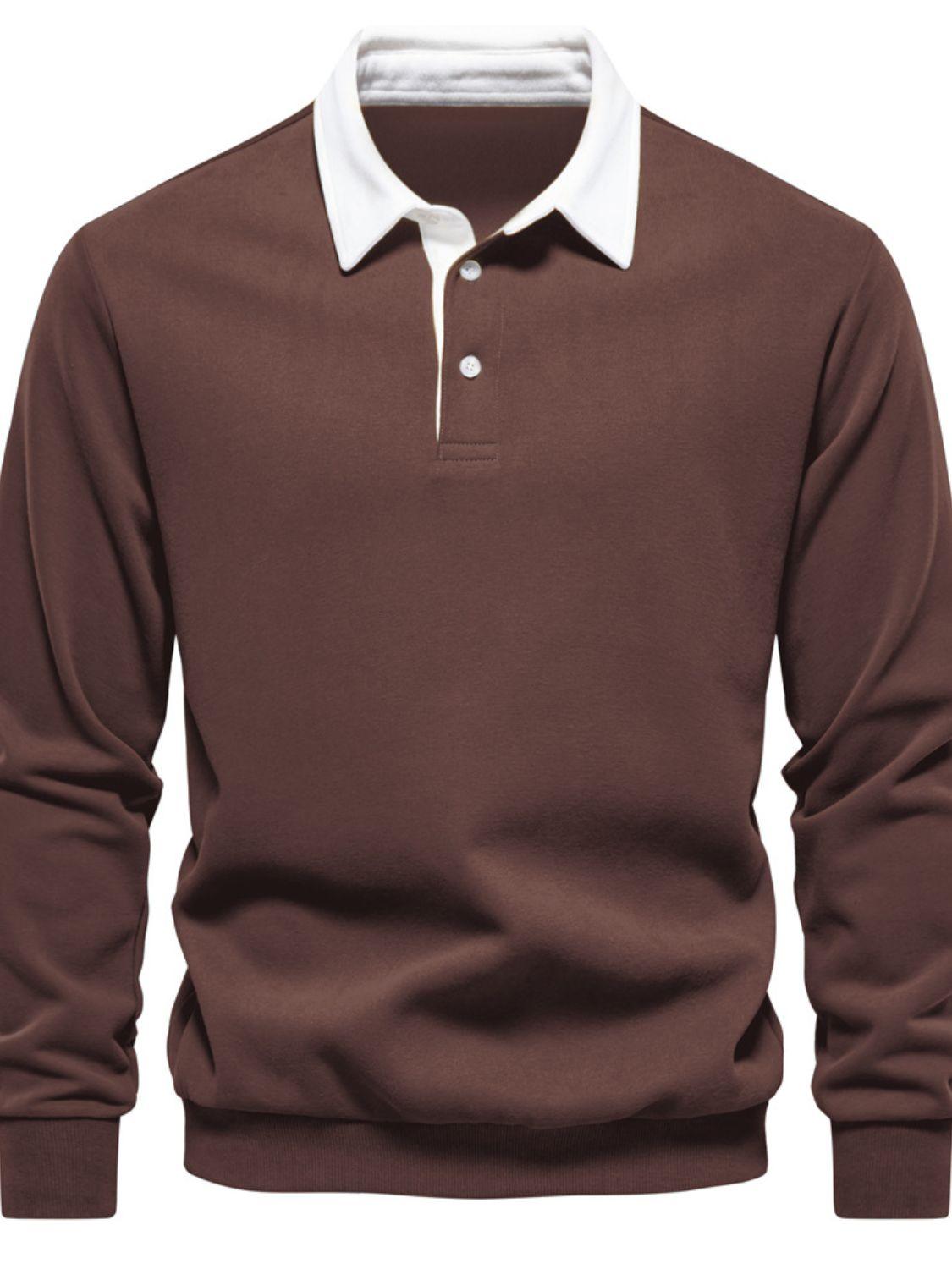 Men's Quarter Button Collared Neck Long Sleeve Polo - Clothes For Her Online Store