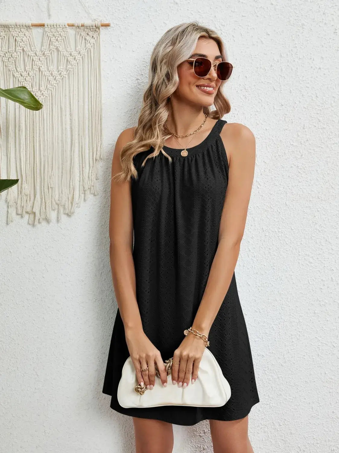Eyelet Round Neck Sleeveless Dress
