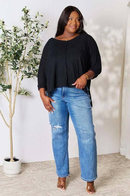 Zenana Full Size Round Neck High-Low Slit Knit Top - Clothes For Her Online Store