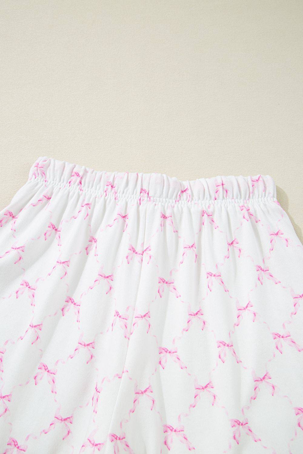 Bow Print Lettuce Trim Round Neck Top and Shorts Lounge Set - Clothes For Her Online Store