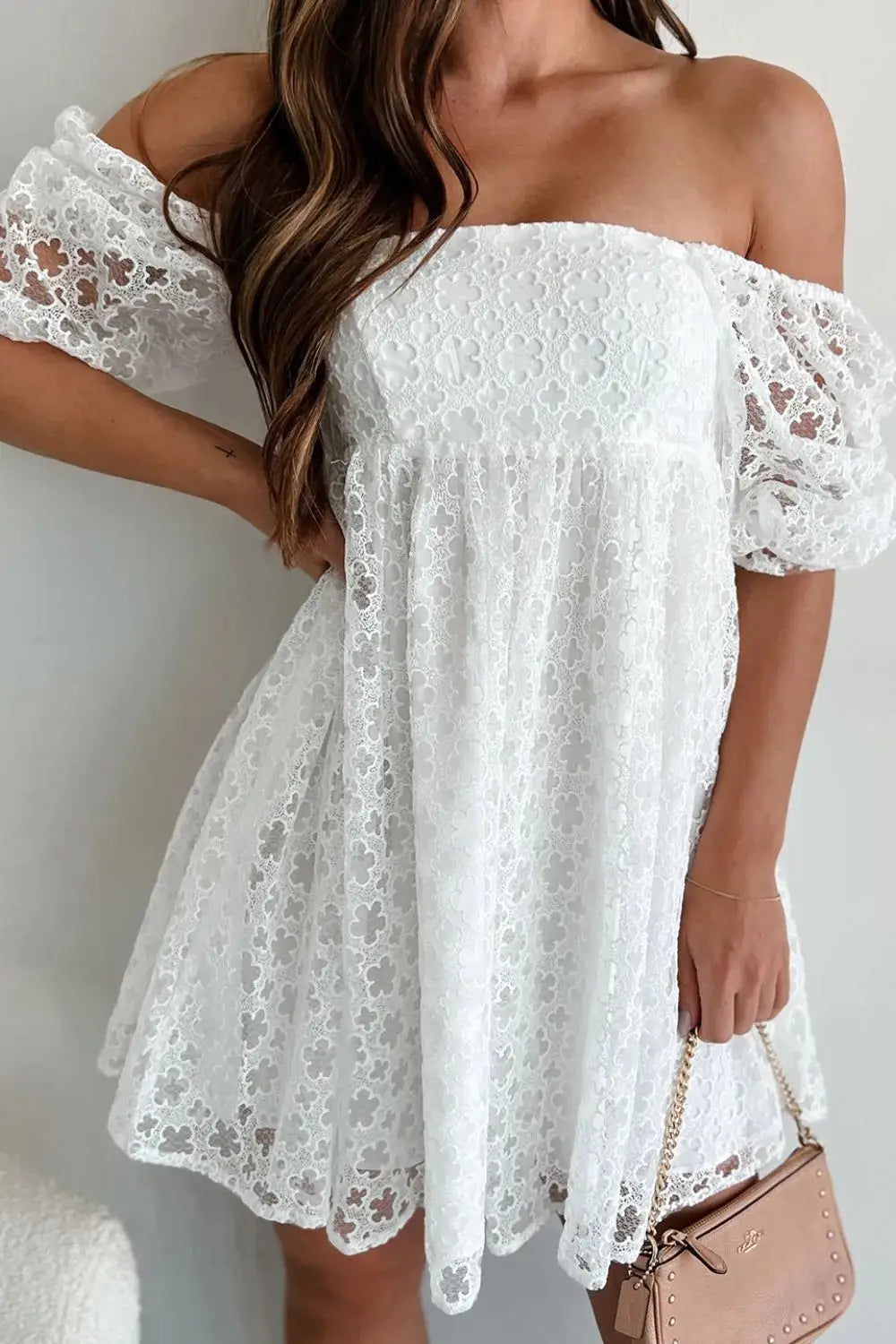 Lace Puff Sleeve Empire Waist Mini Dress - Clothes For Her Online Store