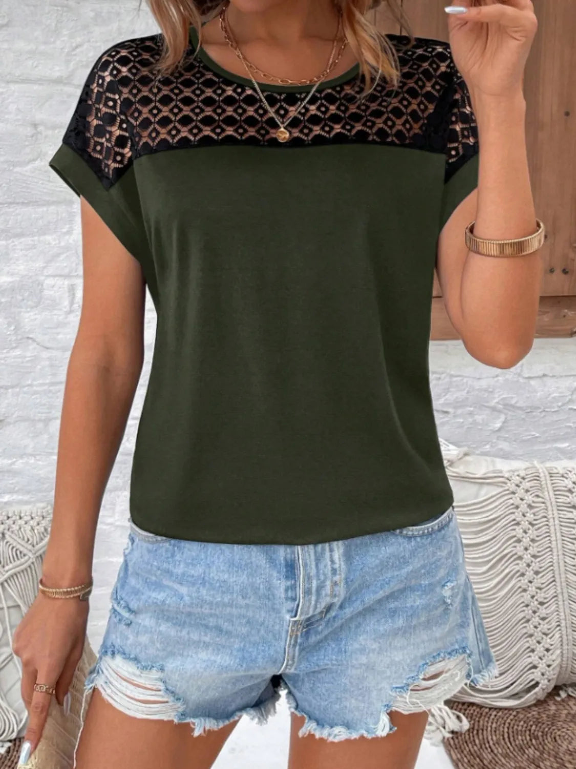 Lace Round Neck Short Sleeve T-Shirt