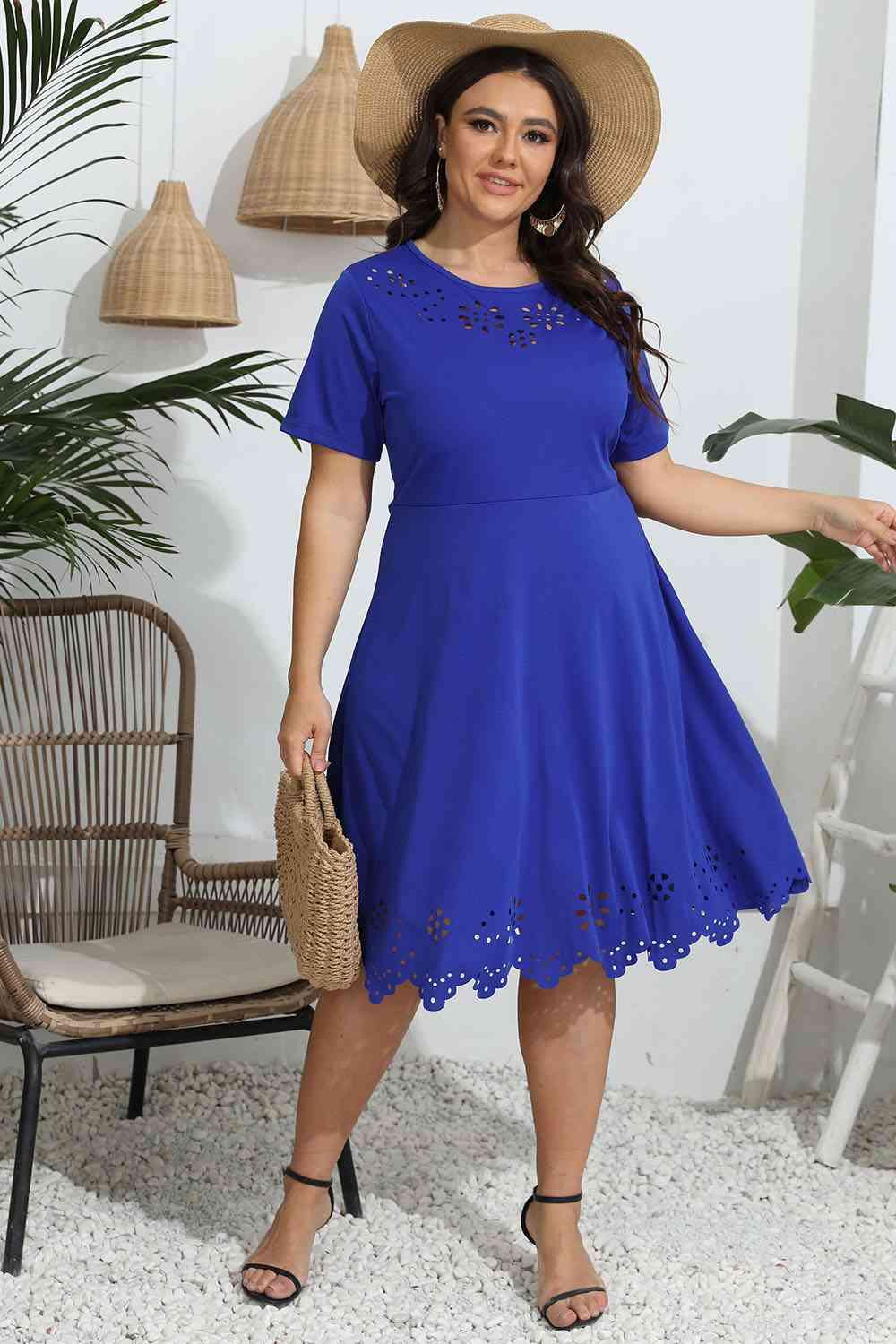Plus Size Round Neck Openwork Dress - Clothes For Her Online Store