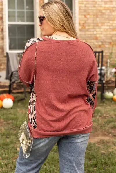 Plus Size Geometric Round Neck Long Sleeve Sweatshirt - Clothes For Her Online Store