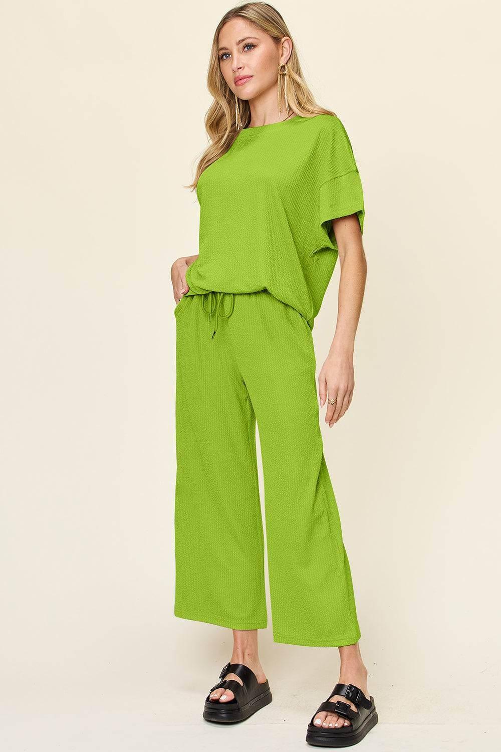 Double Take Full Size Texture Round Neck Short Sleeve T-Shirt and Wide Leg Pants - Clothes For Her Online Store