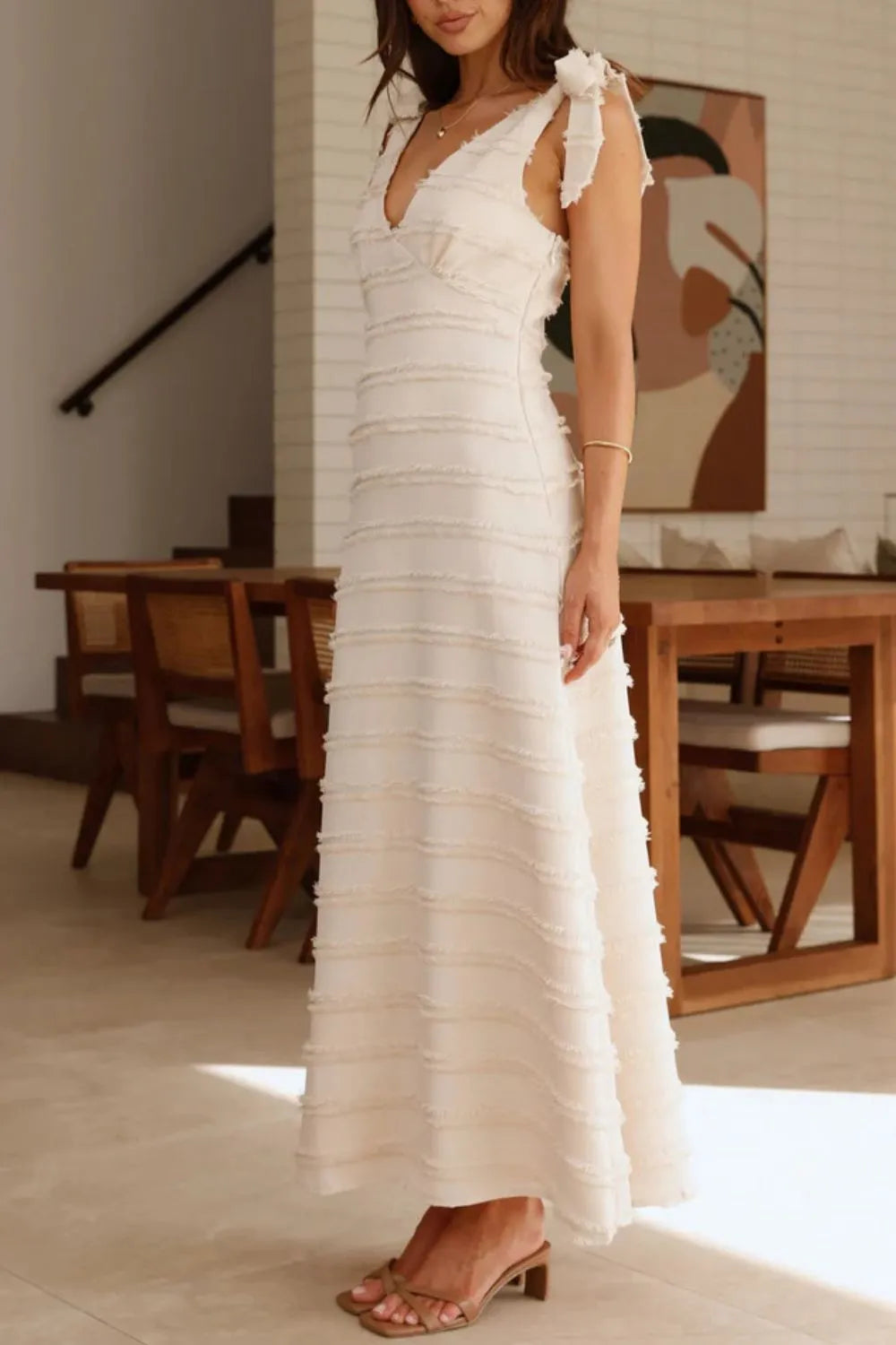 Textured V-Neck Tie Shoulder Dress