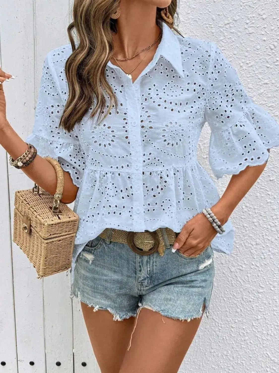 Eyelet Solid Collared Neck Half Sleeve Shirt