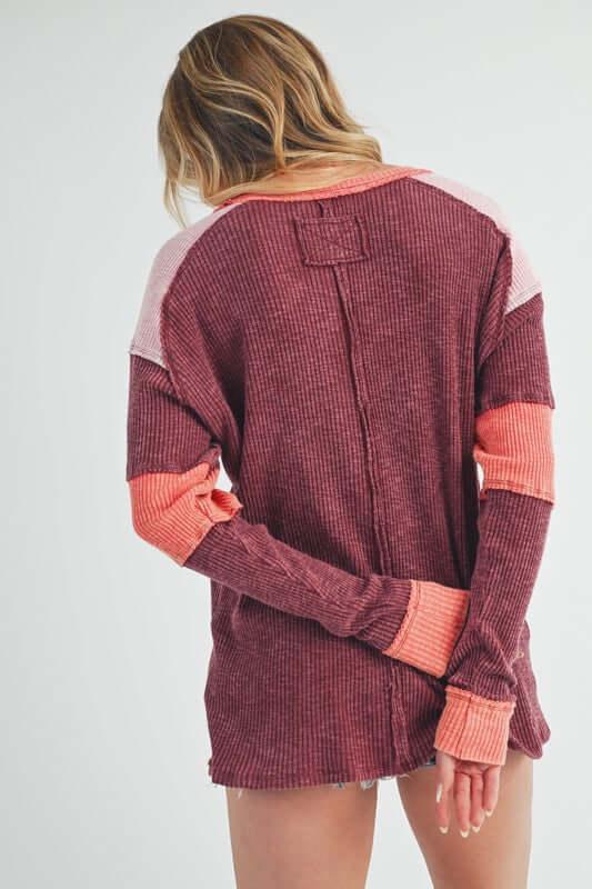 Aemi + Co Raw Seam Color Block Round Neck Knit Top - Clothes For Her Online Store