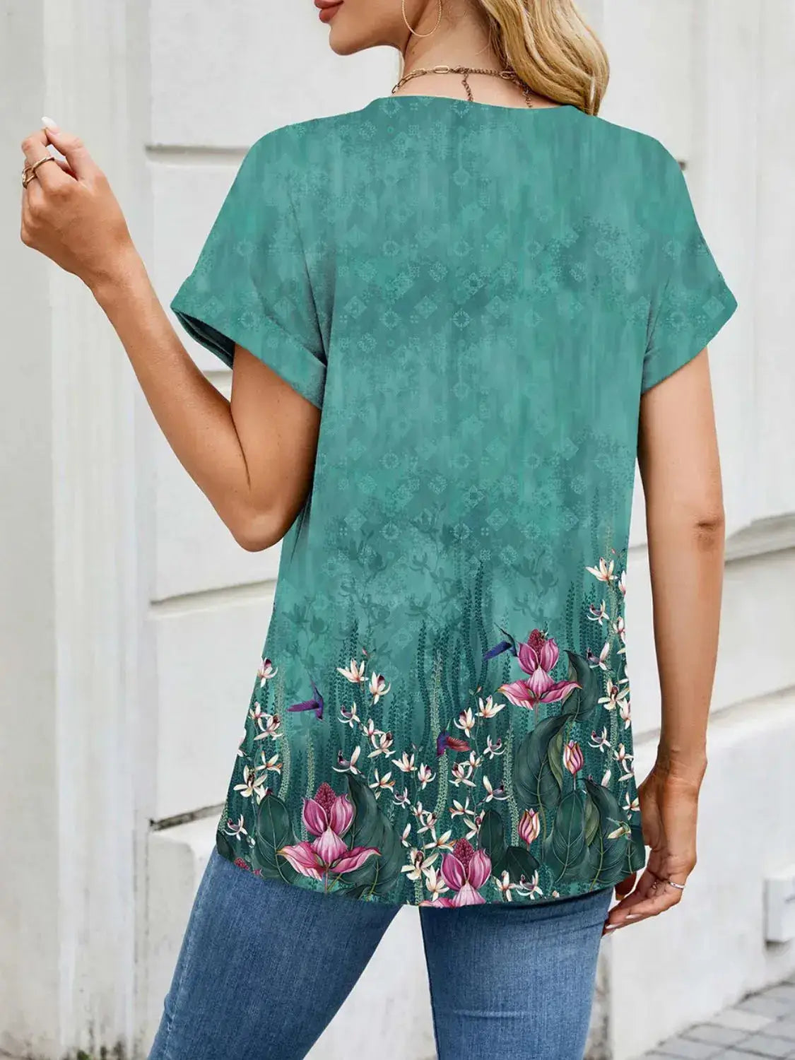Printed Round Neck Short Sleeve Top - Clothes For Her Online Store