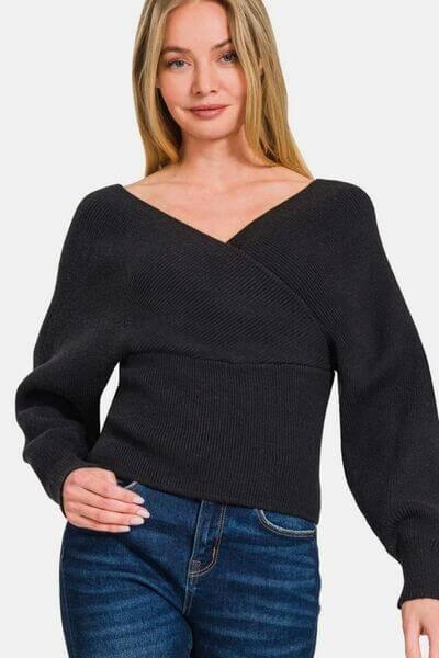 Zenana Cross Wrap Rib Long Sleeve Sweater - Clothes For Her Online Store