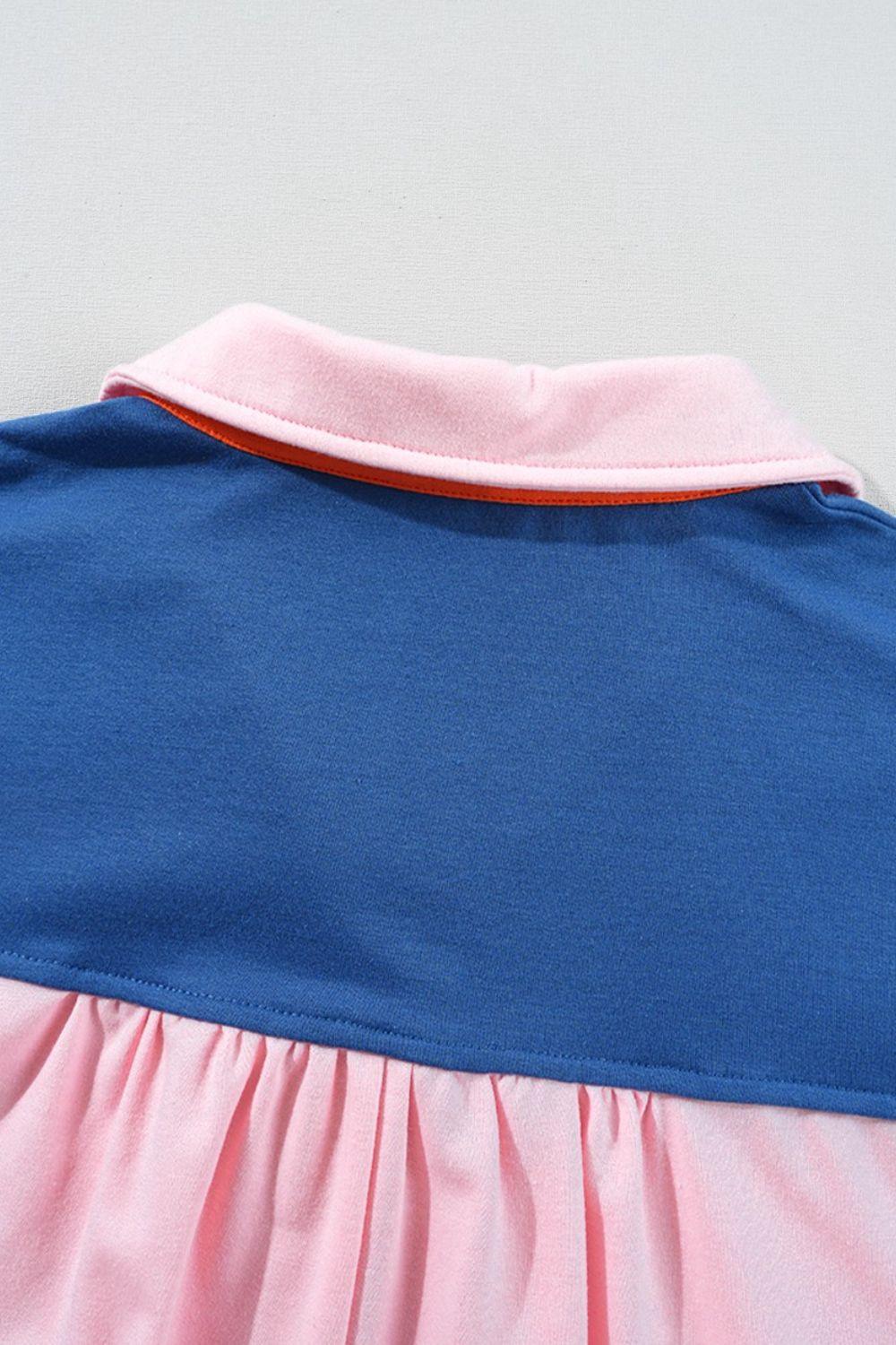 Color Block Half Buttoned Ruffled Short Sleeve T Shirt - Clothes For Her Online Store