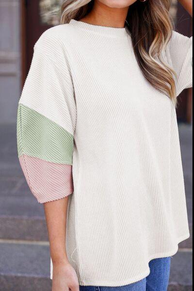 Color Block Ribbed Knit Three-Quarter Sleeve Top - Clothes For Her Online Store