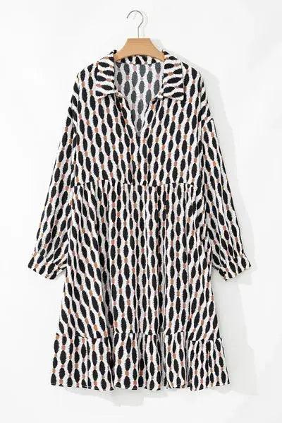 Plus Size Printed Johnny Collar Long Sleeve Dress - Clothes For Her Online Store