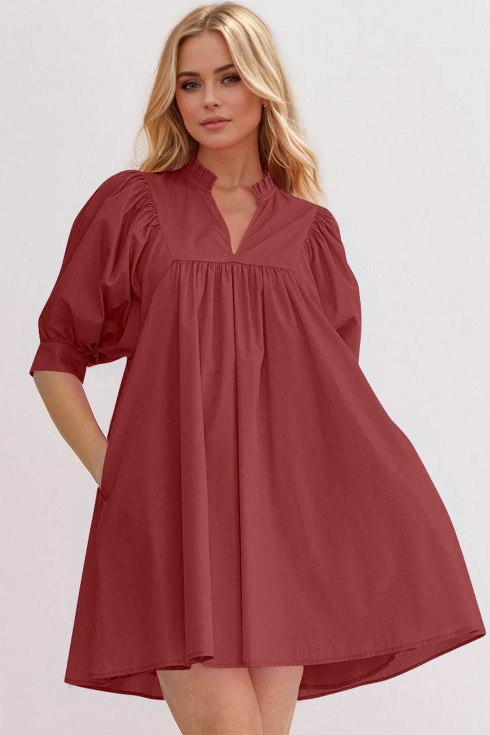 Oh Frill Notched Puff Sleeve Babydoll Mini Dress - Clothes For Her Online Store