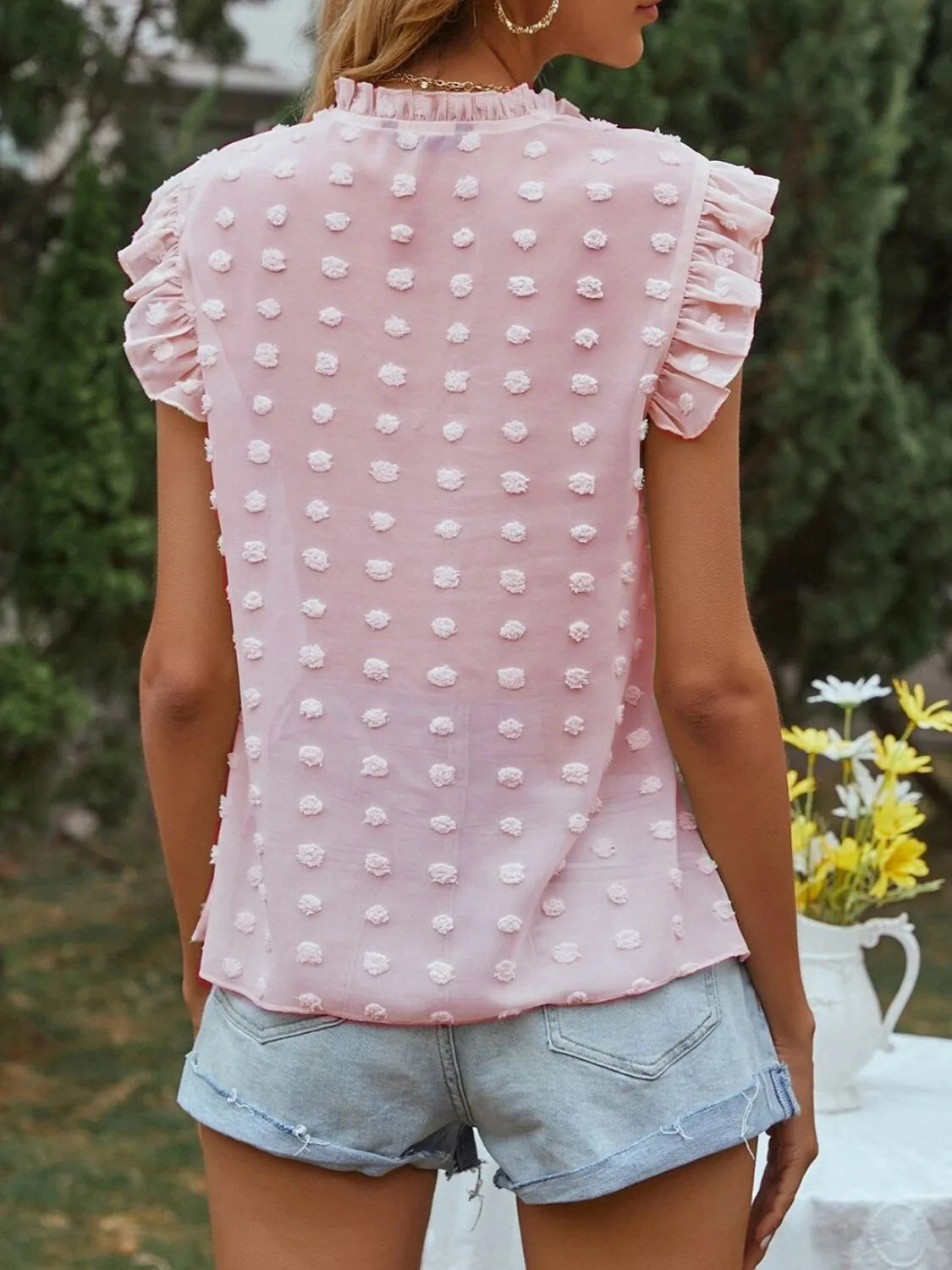 Frill Tie Neck Cap Sleeve Blouse