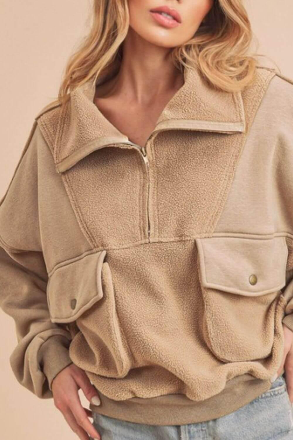 Aemi + Co Exposed Seam Half Zip Sweatshirt with Pockets - Clothes For Her Online Store
