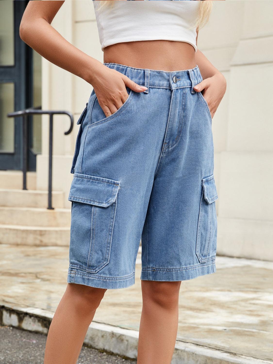 High Waist Denim Shorts with Pockets - Clothes For Her Online Store