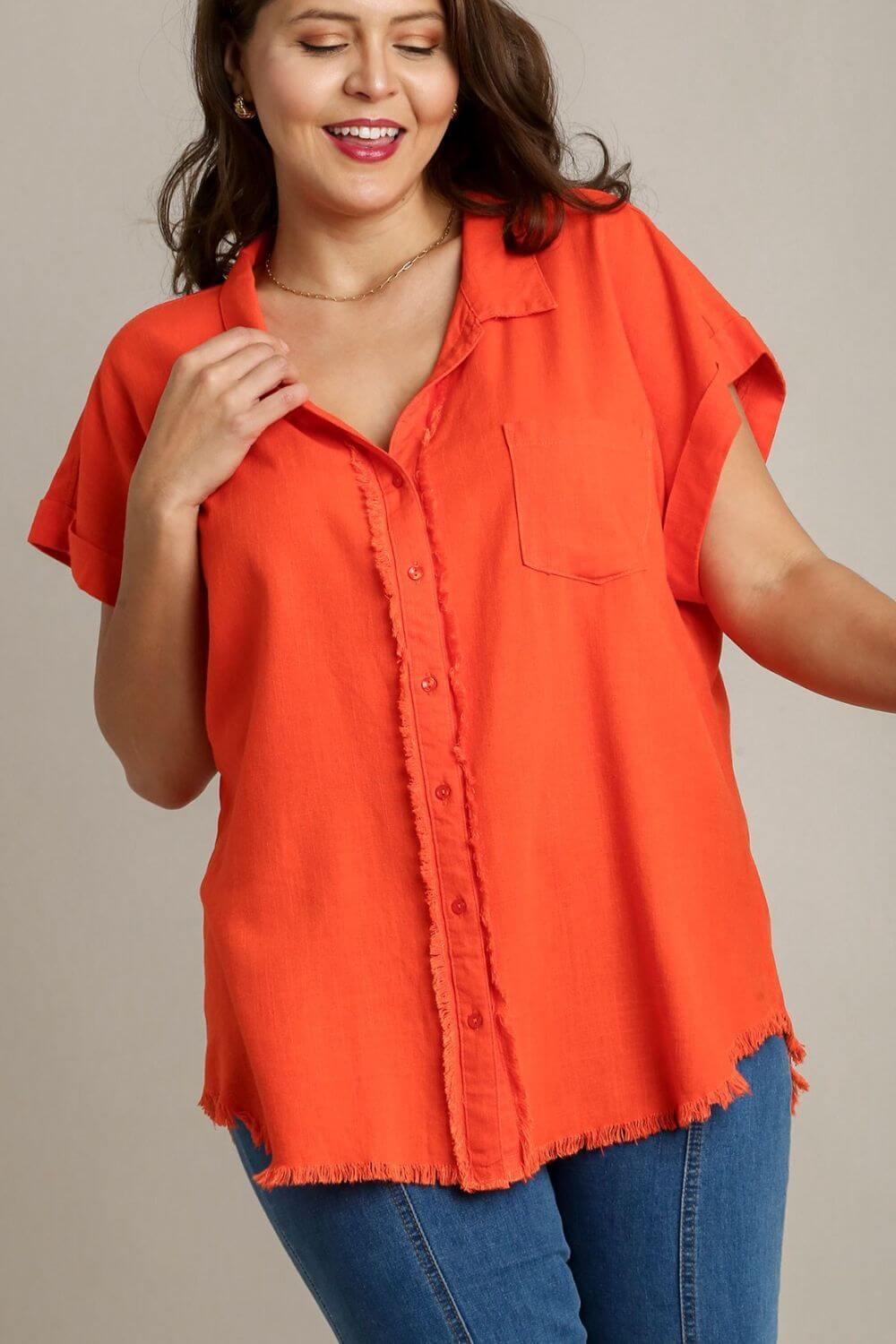 Umgee Full Size Linen Blend Button Down Short Folded Sleeve Shirt Plus Size - Clothes For Her Online Store